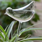 Clear glass bird-shaped watering stake nestled among green plant stems, with curved tail and curved beak spout