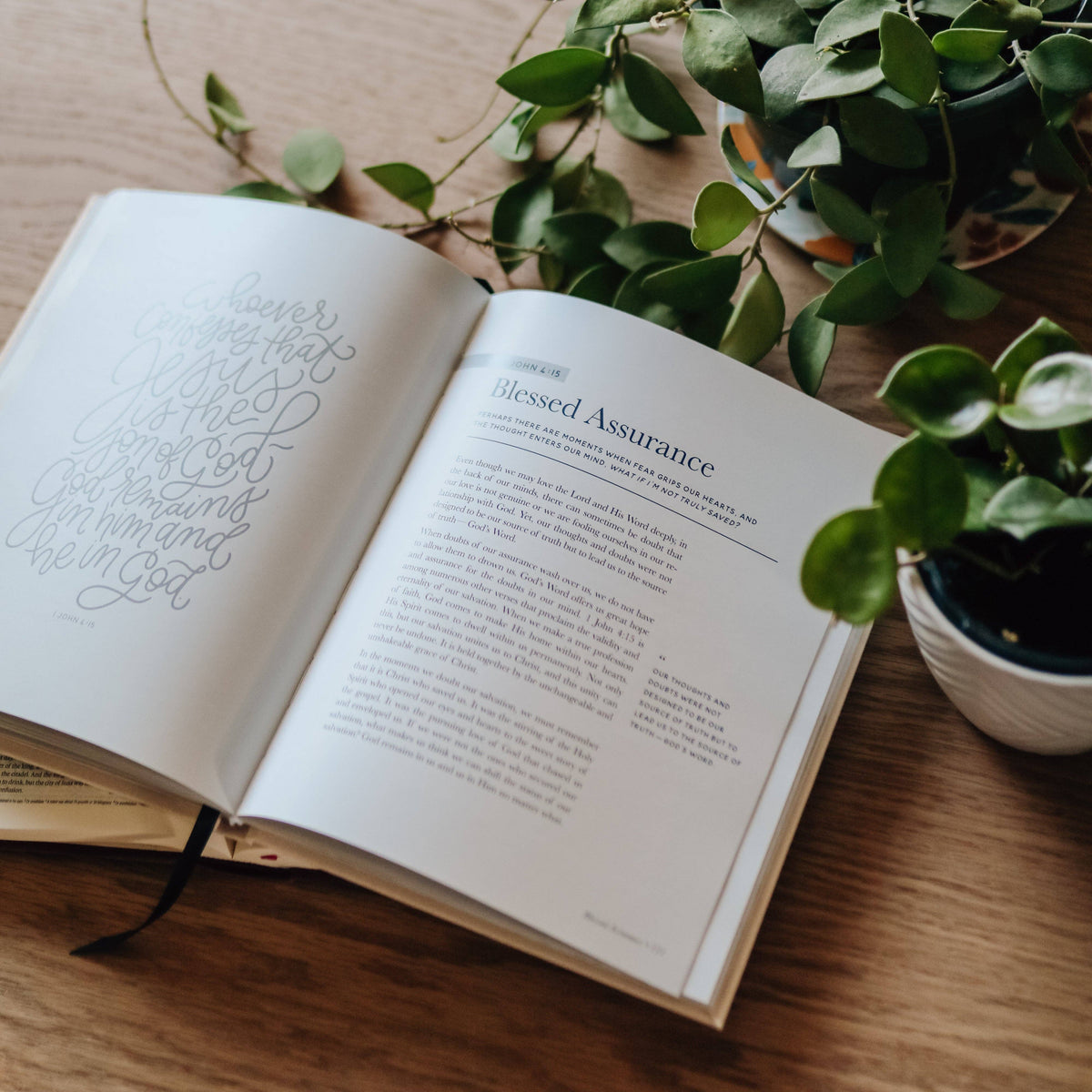 Open pages of "The Promises of God" book with "Blessed Assurance" chapter and calligraphic text, surrounded by fresh green foliage and potted plants on wood surface.