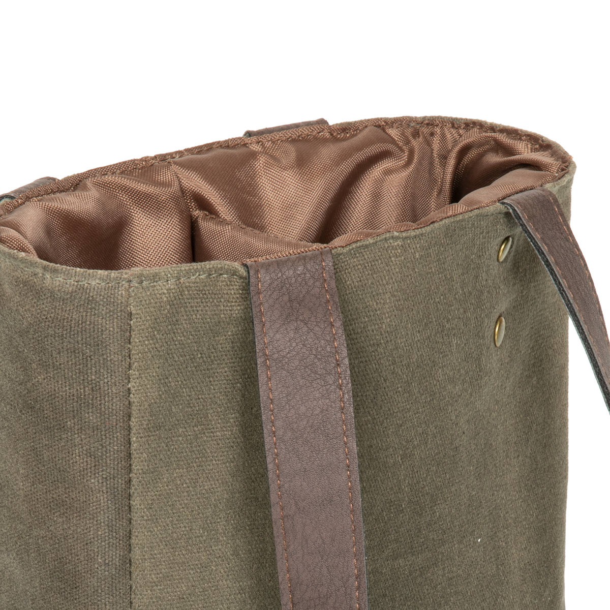 Sage-green canvas wine tote with brown leather trim and insulated tan lining, featuring reinforced handles and grommets for secure bottle transport