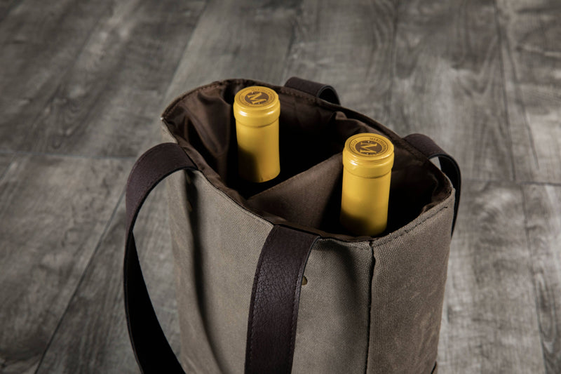 Beige insulated wine tote with dark brown handles holding two bottles of yellow-labeled wine