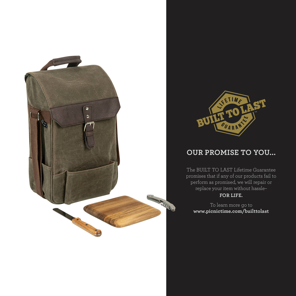 Olive canvas wine tote with leather trim, wooden cutting board, and cheese knife displayed as a 2-bottle insulated wine and cheese carrier set