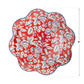Rust-red paper plate with scalloped wavy edge, white and blue floral botanical pattern, 9 inches