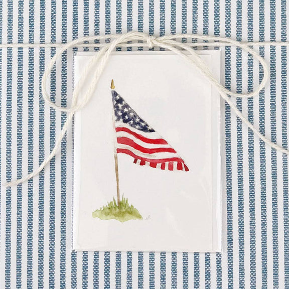 Mini notecard with watercolor American flag illustration on white cardstock