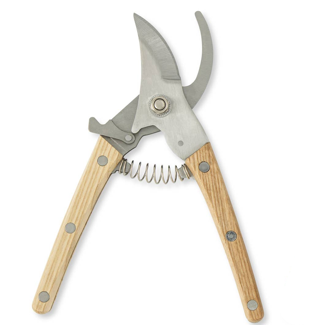 Stainless steel bypass pruners with curved blades and natural ash wood handles with metal fasteners
