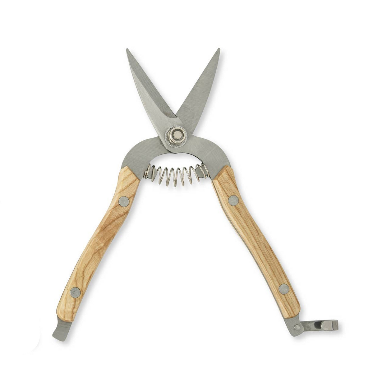 Straight blade pruner with polished stainless steel blades and natural ash wood handles, featuring compression spring mechanism and locking clip