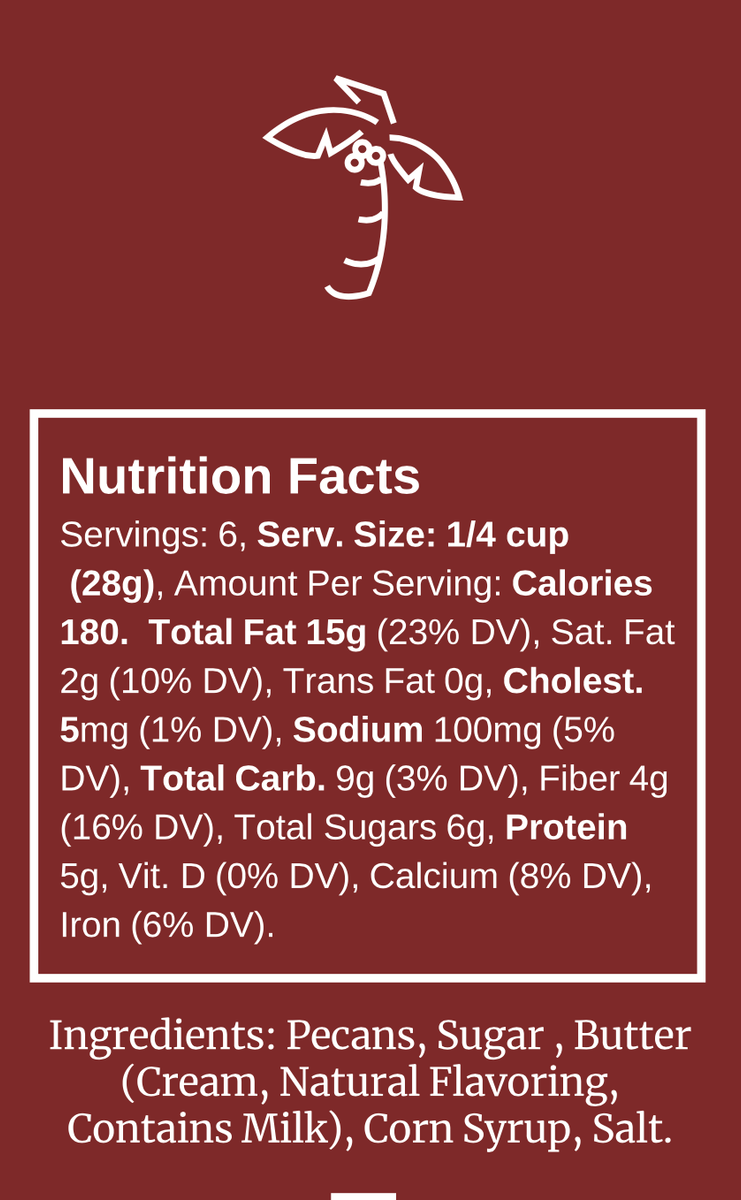 Nutrition Facts label for Praline Pecans on burgundy background, listing serving size, calories, fats, sodium, carbohydrates, sugars, protein, and ingredients.