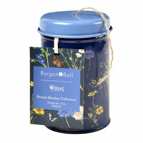 Dark navy tin with blue lid and wildflower design, white string bow, Burgon & Ball British Meadow Collection label, contains 100m jute twine