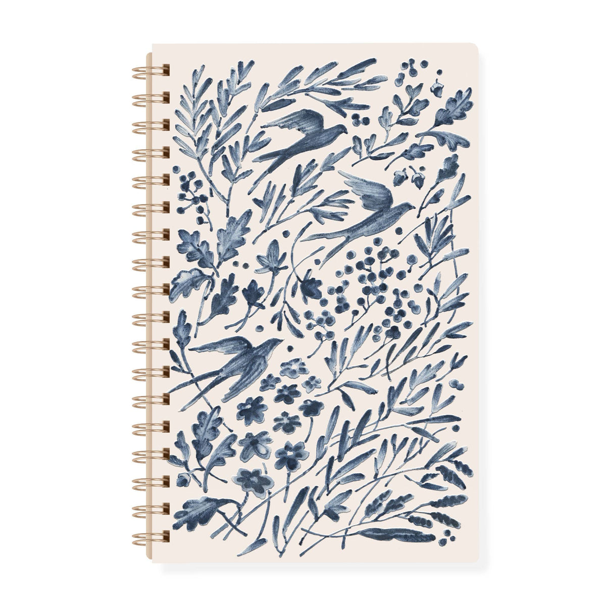 Taupe spiral journal with navy botanical illustration featuring birds among flowering vines and foliage