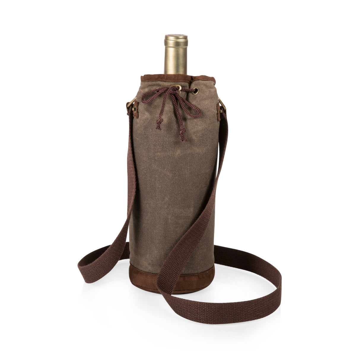 Distressed waxed canvas wine bottle carrier in taupe with brown leather trim, burgundy drawstring closure, and adjustable brown shoulder strap