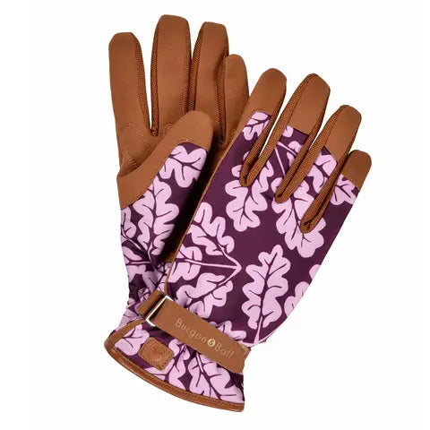 Brown leather and purple patterned gardening gloves with pink leaf details and reinforced palm