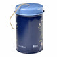 Dark navy cylindrical tin with blue lid, decorated with botanical illustrations, jute twine handle
