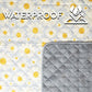 White quilted picnic blanket with yellow daisy print and waterproof gray backing, folded to show both sides with water droplets