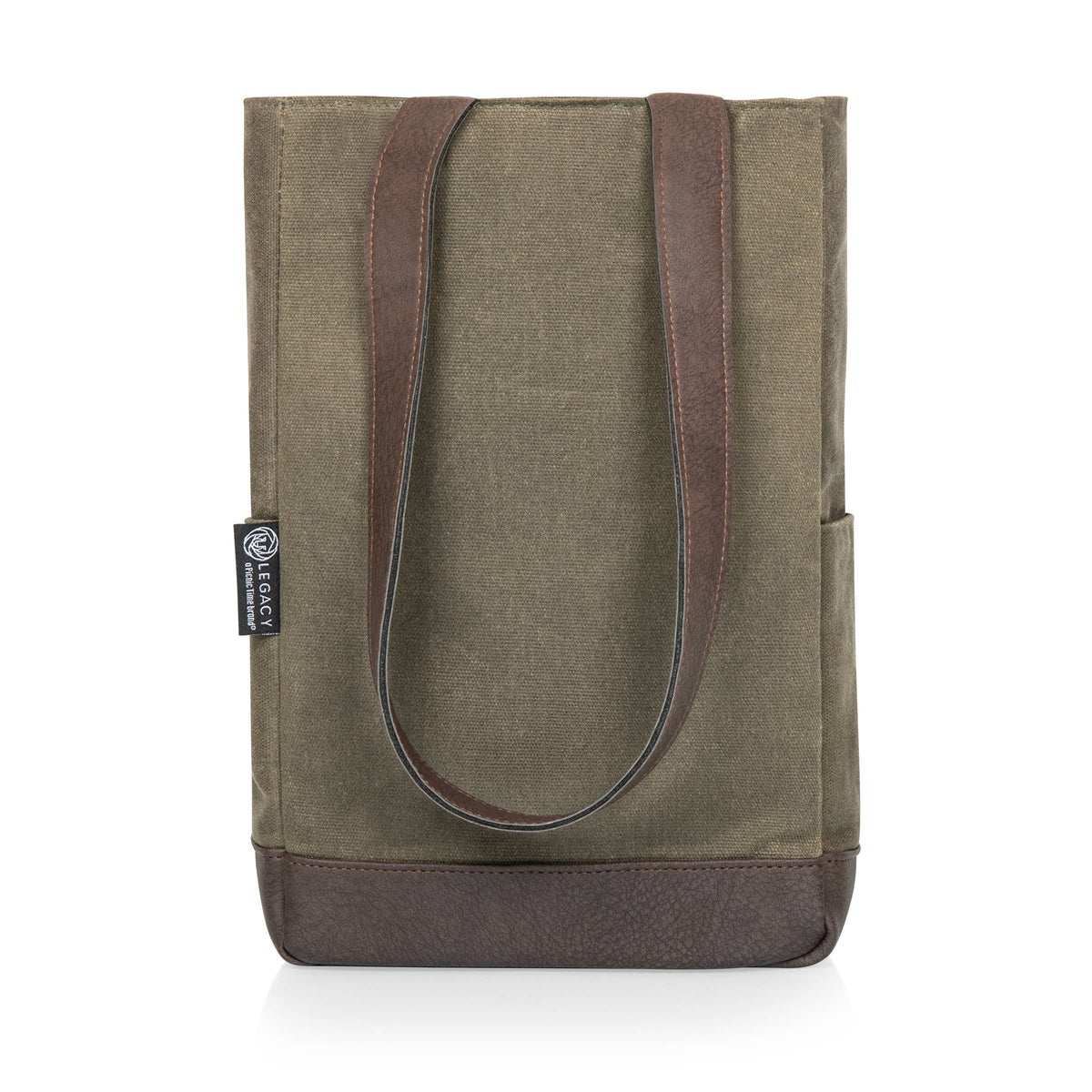 Taupe canvas wine tote with brown leather base and dual handles, designed to insulate and protect two wine bottles during transport