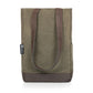 Taupe canvas wine tote with brown leather base and dual handles, designed to insulate and protect two wine bottles during transport