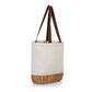 Cream canvas tote with natural wicker base and brown leatherette handles