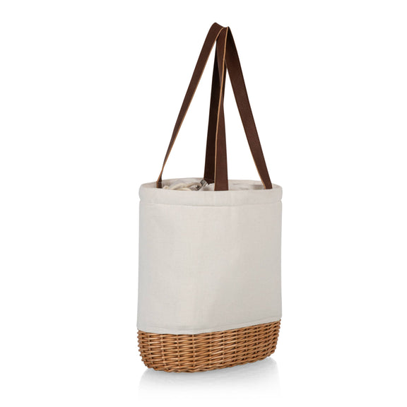Cream canvas tote with natural wicker base and brown leatherette handles