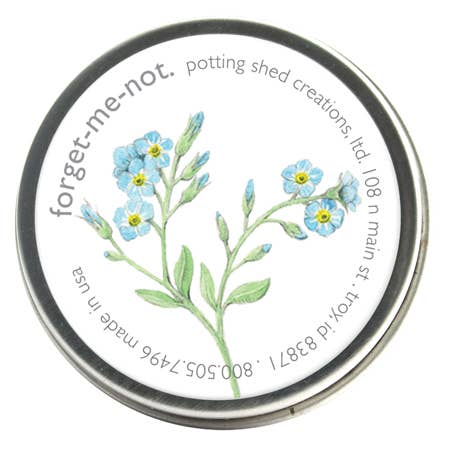 Forget-Me-Not seed packet with watercolor floral illustration, potting shed creations branding