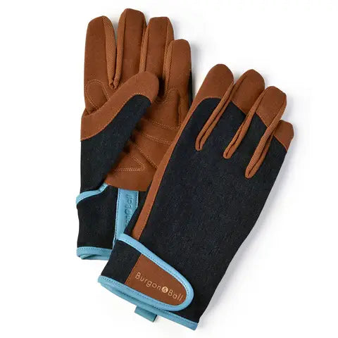 Tan leather and black gardening gloves with padded palms and turquoise cuffs, by Burgon & Ball.