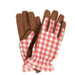 Pair of gardening gloves with brown suede upper and red gingham check palms, featuring padded construction and elasticized wrists