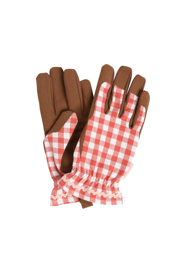 Pair of gardening gloves with brown suede upper and red gingham check palms, featuring padded construction and elasticized wrists