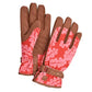 Brown and pink leaf-patterned gardening gloves with suede palm and padded fingers, wrist cuff closure