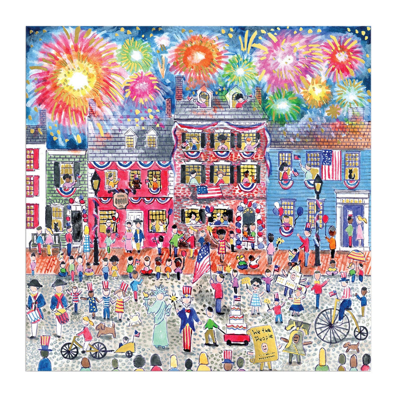 Colorful 500-piece jigsaw puzzle featuring an illustrated Fourth of July boardwalk celebration with fireworks, festive crowds, historic buildings, and patriotic decorations.