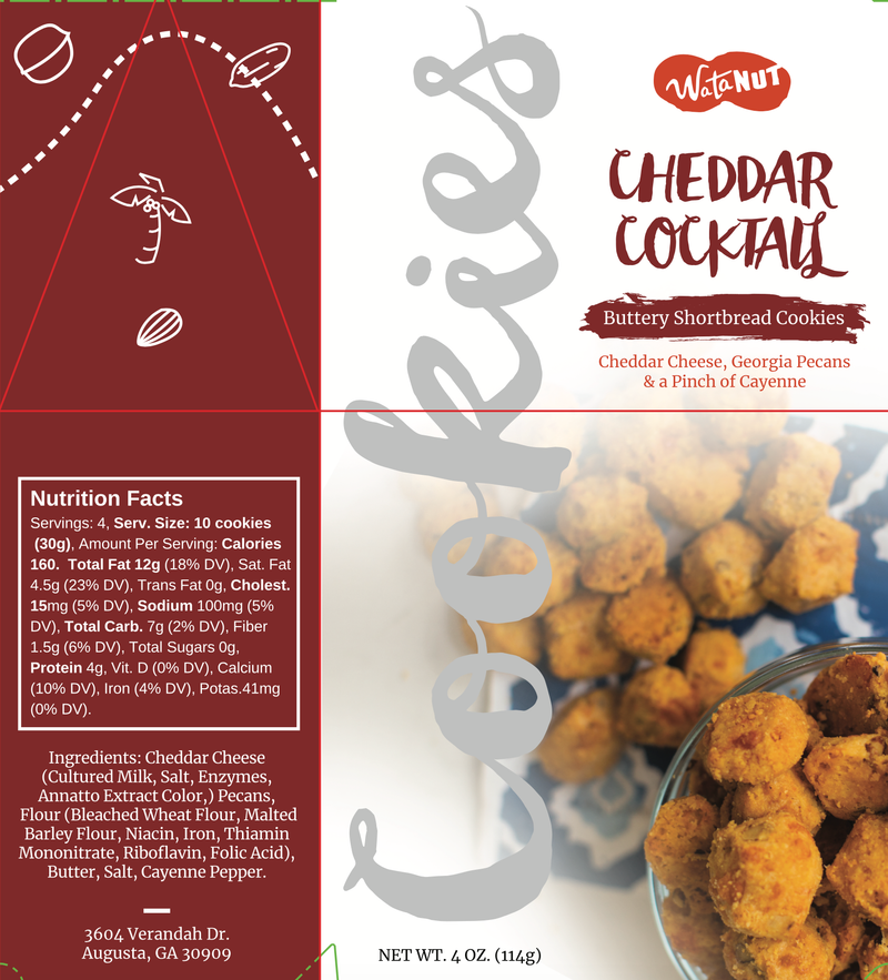 Golden-brown cheddar cheese cookies studded with pecans in a Watanut branded box with nutritional facts and ingredients label
