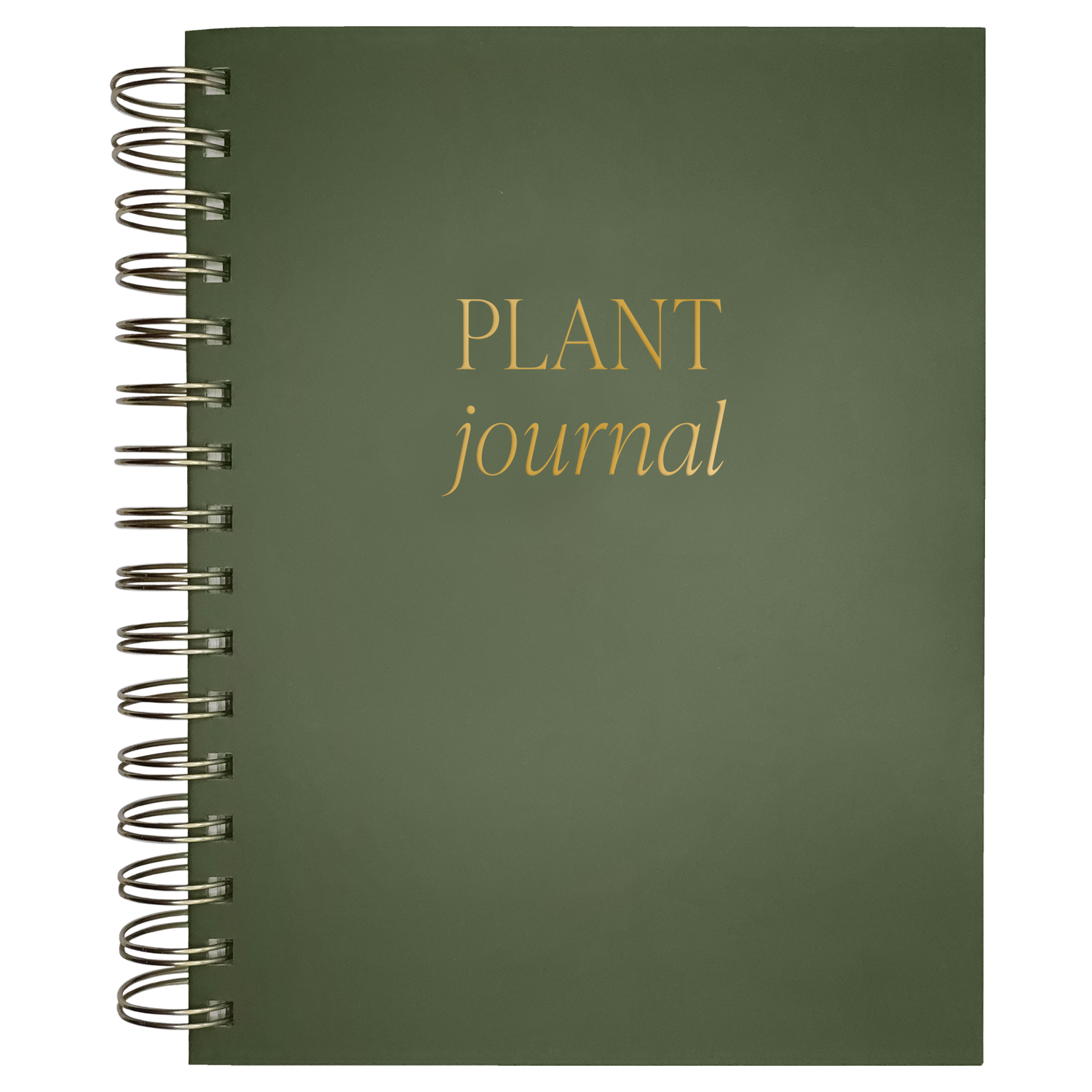Sage green spiral-bound plant journal with metallic gold foil lettering on matte cover