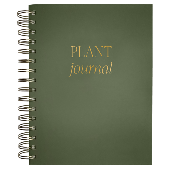 Sage green spiral-bound plant journal with metallic gold foil lettering on matte cover