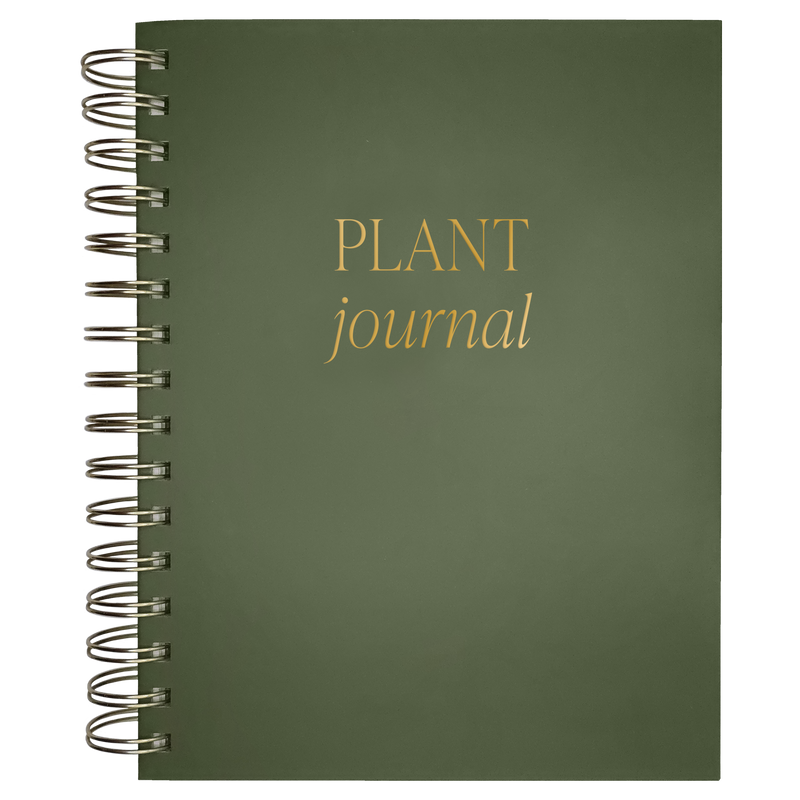 Sage green spiral-bound plant journal with metallic gold foil lettering on matte cover