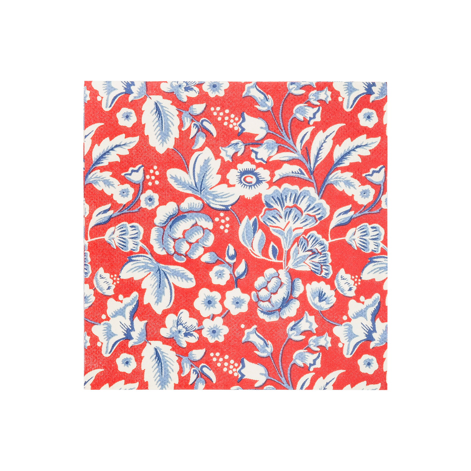 Red cocktail napkin with white and blue floral pattern featuring stylized flowers, leaves, and botanical details throughout the design