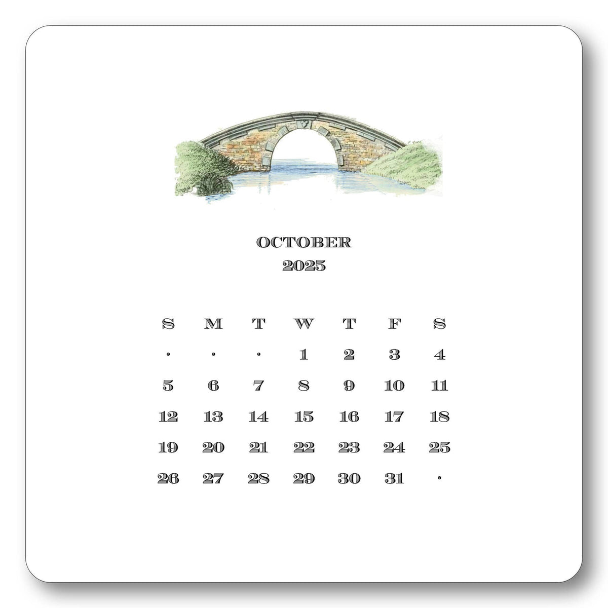 October 2025 calendar page with illustrated stone arch bridge and watercolor landscape at top