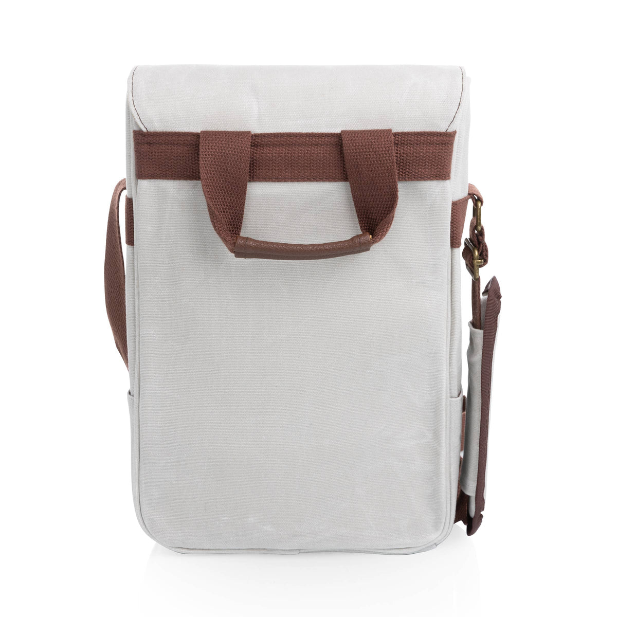 Cream insulated wine carrier with brown fabric handles and shoulder strap, features interior compartments for 2 bottles and cheese board.