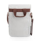 Cream insulated wine carrier with brown fabric handles and shoulder strap, features interior compartments for 2 bottles and cheese board.