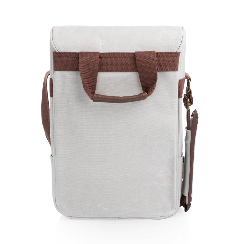 Cream insulated wine carrier with brown fabric handles and shoulder strap, features interior compartments for 2 bottles and cheese board.