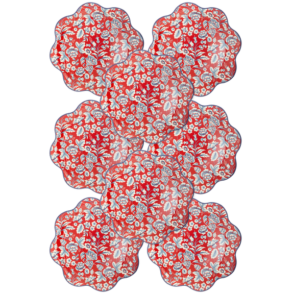 Set of six rust-colored paper plates with scalloped edges and white floral pattern
