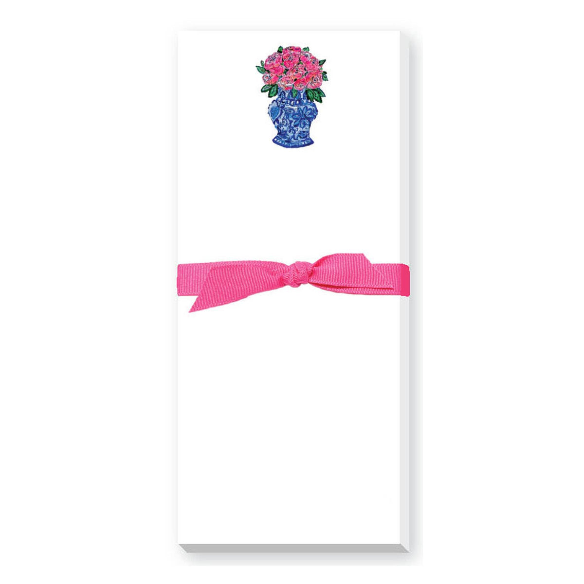 Slim white notepad with hot pink rose bouquet illustration in blue decorative vase and bright pink bow