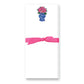 Slim white notepad with hot pink rose bouquet illustration in blue decorative vase and bright pink bow