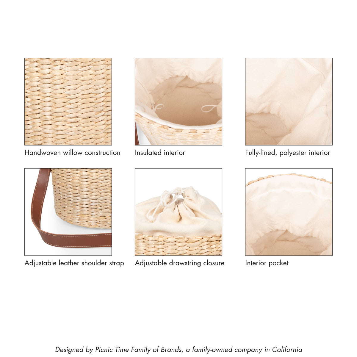 Beige handwoven willow bucket tote details: woven rush construction, insulated interior, polyester lining, brown leather shoulder strap, drawstring closure, and interior pocket.