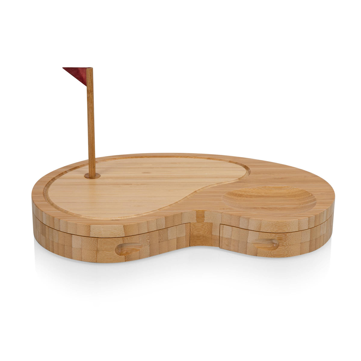 Natural bamboo golf-shaped cutting board with swing-out drawers, red flag marker, and sand trap serving section