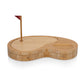 Natural bamboo golf-shaped cutting board with swing-out drawers, red flag marker, and sand trap serving section