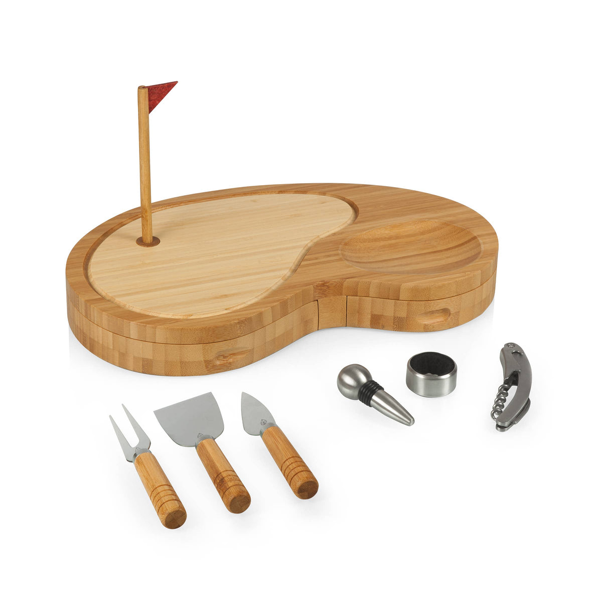 Bamboo golf cheese board set with sand trap design, wooden-handled spreaders and knife, stainless steel wine stopper and corkscrew