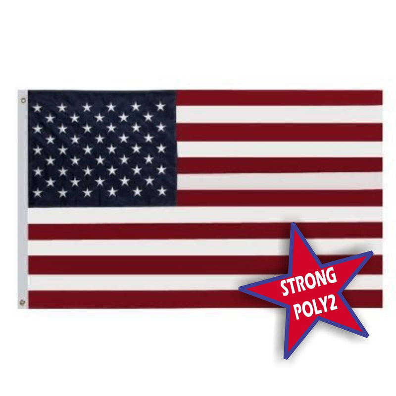 American flag with navy canton, white stars, and red and white stripes, labeled "Strong Poly2" for durable polyester material