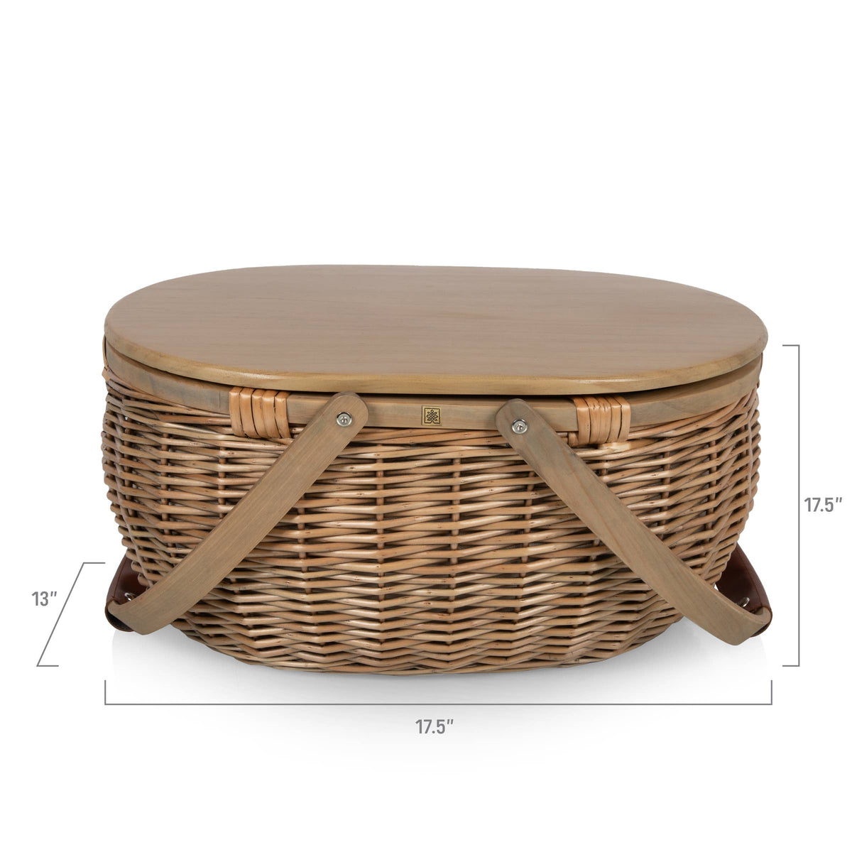 Handwoven willow picnic basket with beige finish, wooden lid, and tan fabric handles, 17.5 x 13 inches