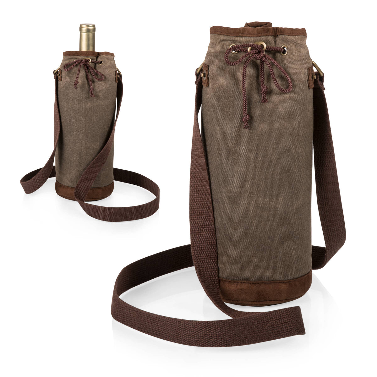 Taupe waxed canvas wine tote with brown leather trim and adjustable webbing shoulder straps, shown in two configurations for single and dual bottles