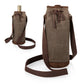 Taupe waxed canvas wine tote with brown leather trim and adjustable webbing shoulder straps, shown in two configurations for single and dual bottles