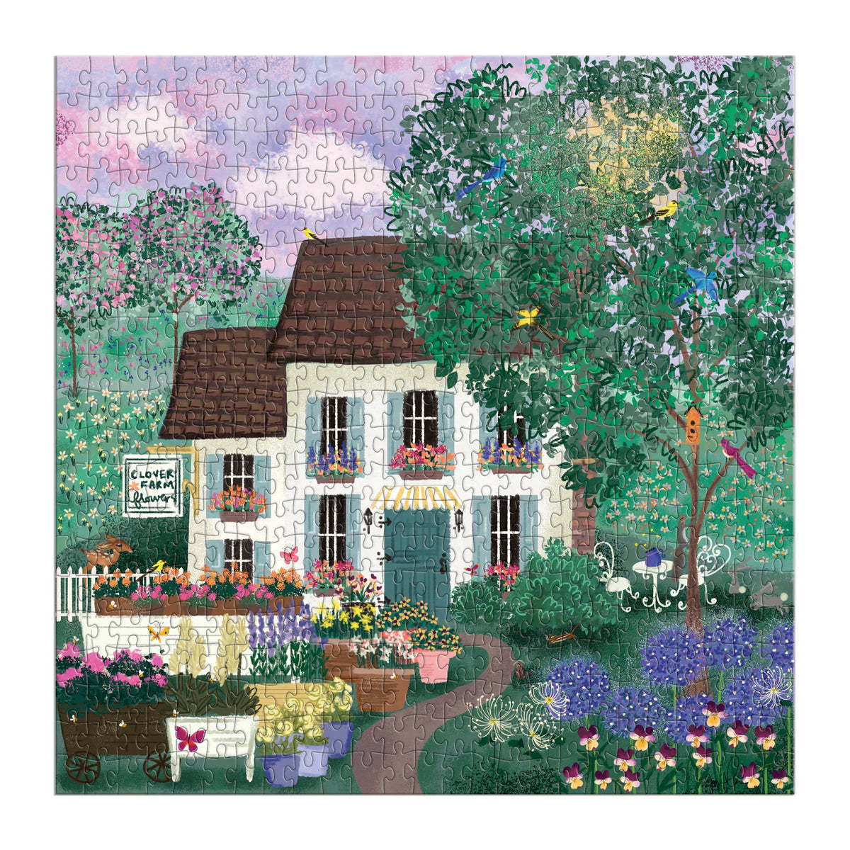 Jigsaw puzzle illustration of a white cottage garden with colorful flower beds, climbing ivy, and lush green hedges framing the cottage.