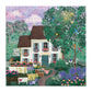 Jigsaw puzzle illustration of a white cottage garden with colorful flower beds, climbing ivy, and lush green hedges framing the cottage.