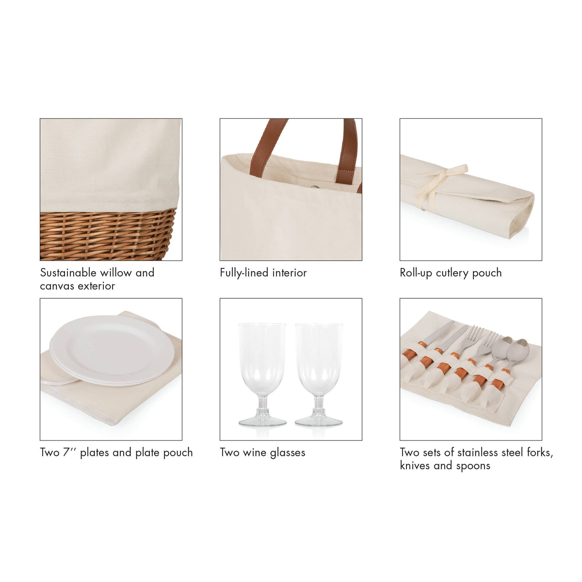 Promenade picnic basket contents: woven willow base with canvas exterior, brown handles, fully-lined interior, roll-up cutlery pouch, two plates, two wine glasses, and stainless steel flatware for two