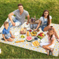 Family of four sitting on yellow daisy-print picnic blanket with food, fresh fruit, and drinks spread across grass